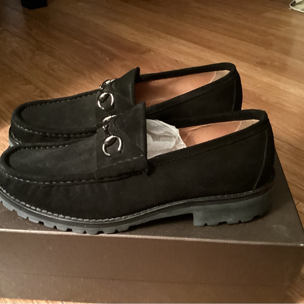 Men’s Gucci Sport Suede Black Slip On Shoes with Horse Bit Chain Nero Size 10 D